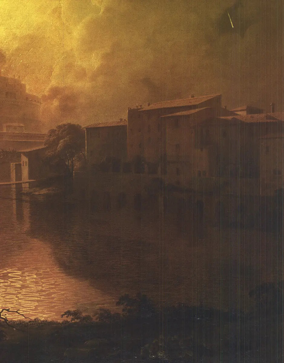 Joseph Wright firework display poster showing vibrant fireworks over Castel S. Angelo in Rome, promoting the exhibition artwork.