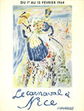 Vintage lithograph poster by Jules Cavailles featuring the Carnival at Nice, 1973, showcasing colorful festive scenes.