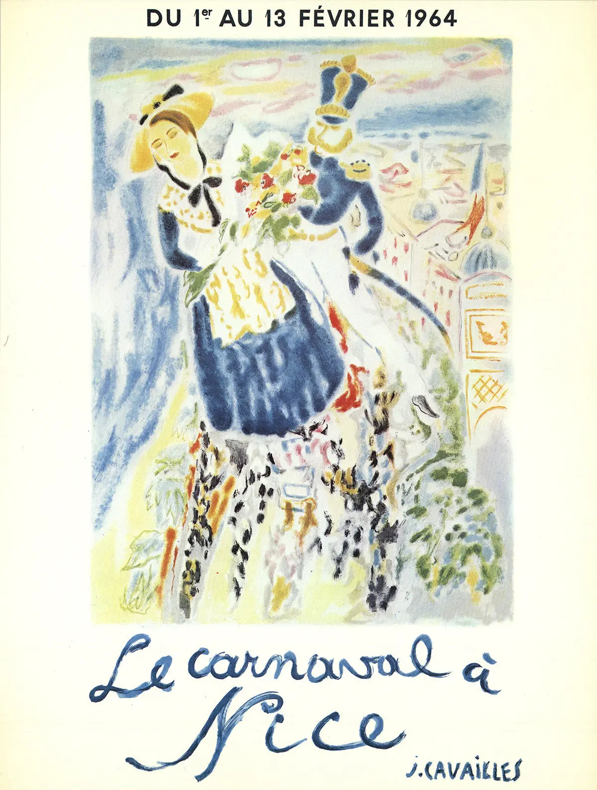 Vintage lithograph poster by Jules Cavailles featuring the Carnival at Nice, 1973, showcasing colorful festive scenes.