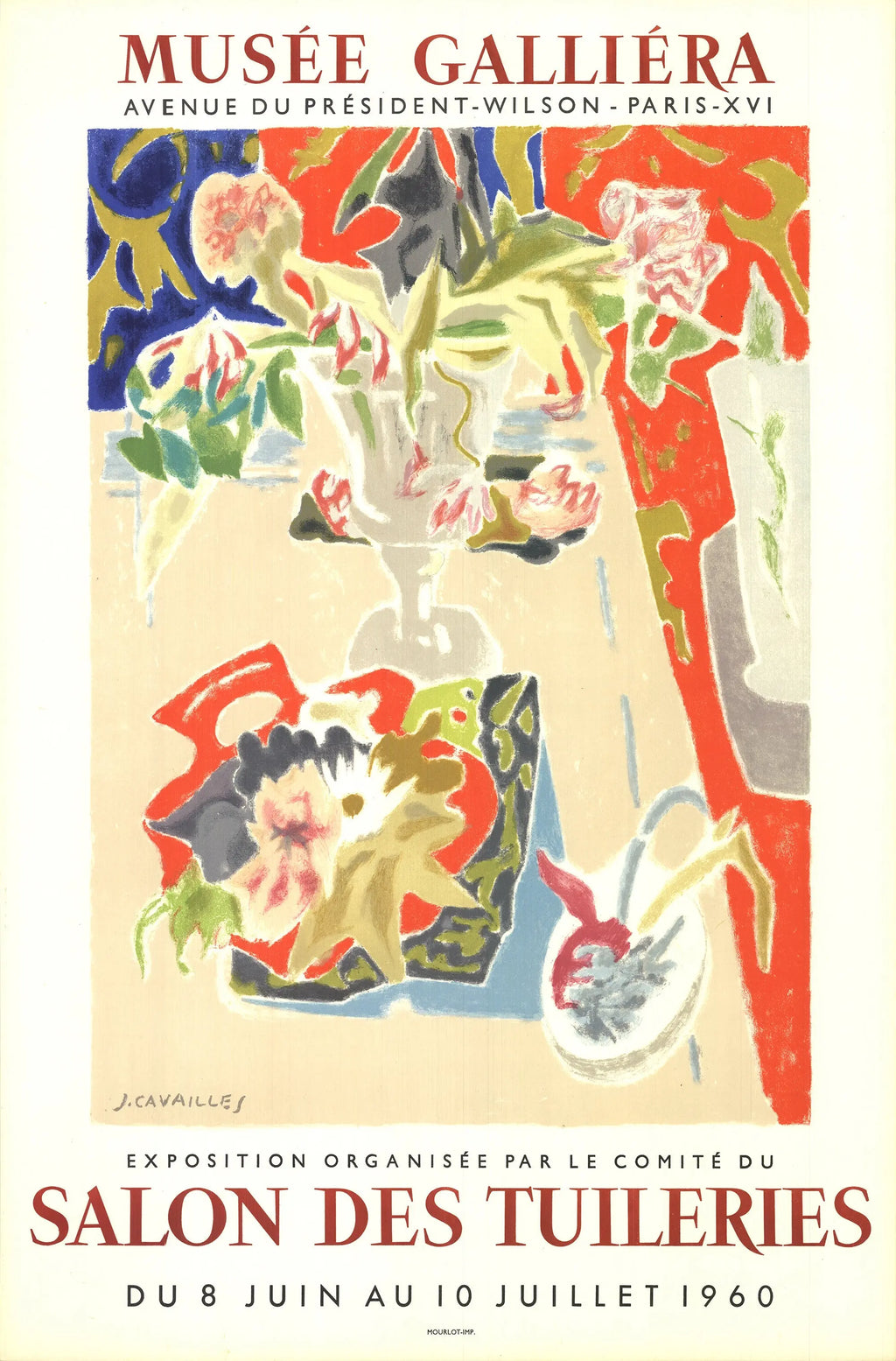 Original Mourlot lithograph exhibition poster by Jules Cavailles for Musee Galliera 1960, showcasing vibrant abstract artwork.