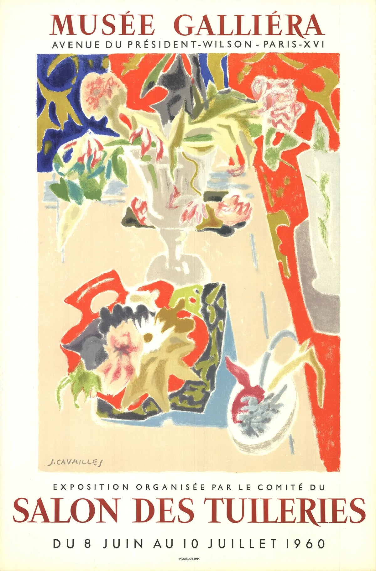 Original Mourlot lithograph exhibition poster by Jules Cavailles for Musee Galliera 1960, showcasing vibrant abstract artwork.