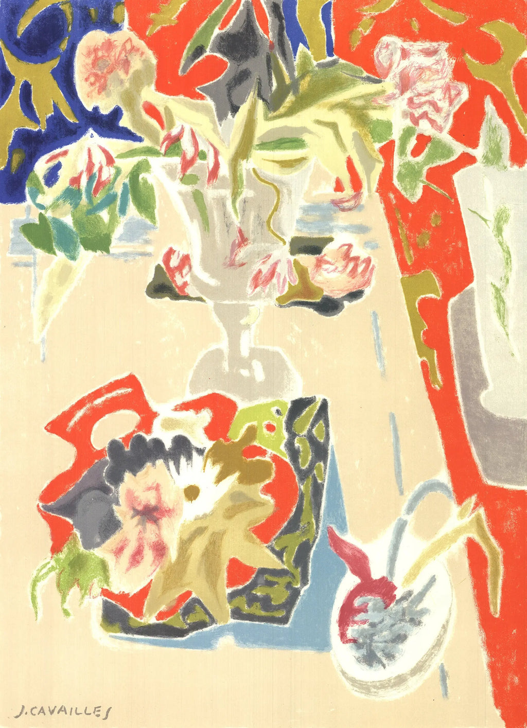 Jules Cavailles Musee Galliera 1960 original Mourlot lithograph exhibition poster showing abstract art and bold colors.