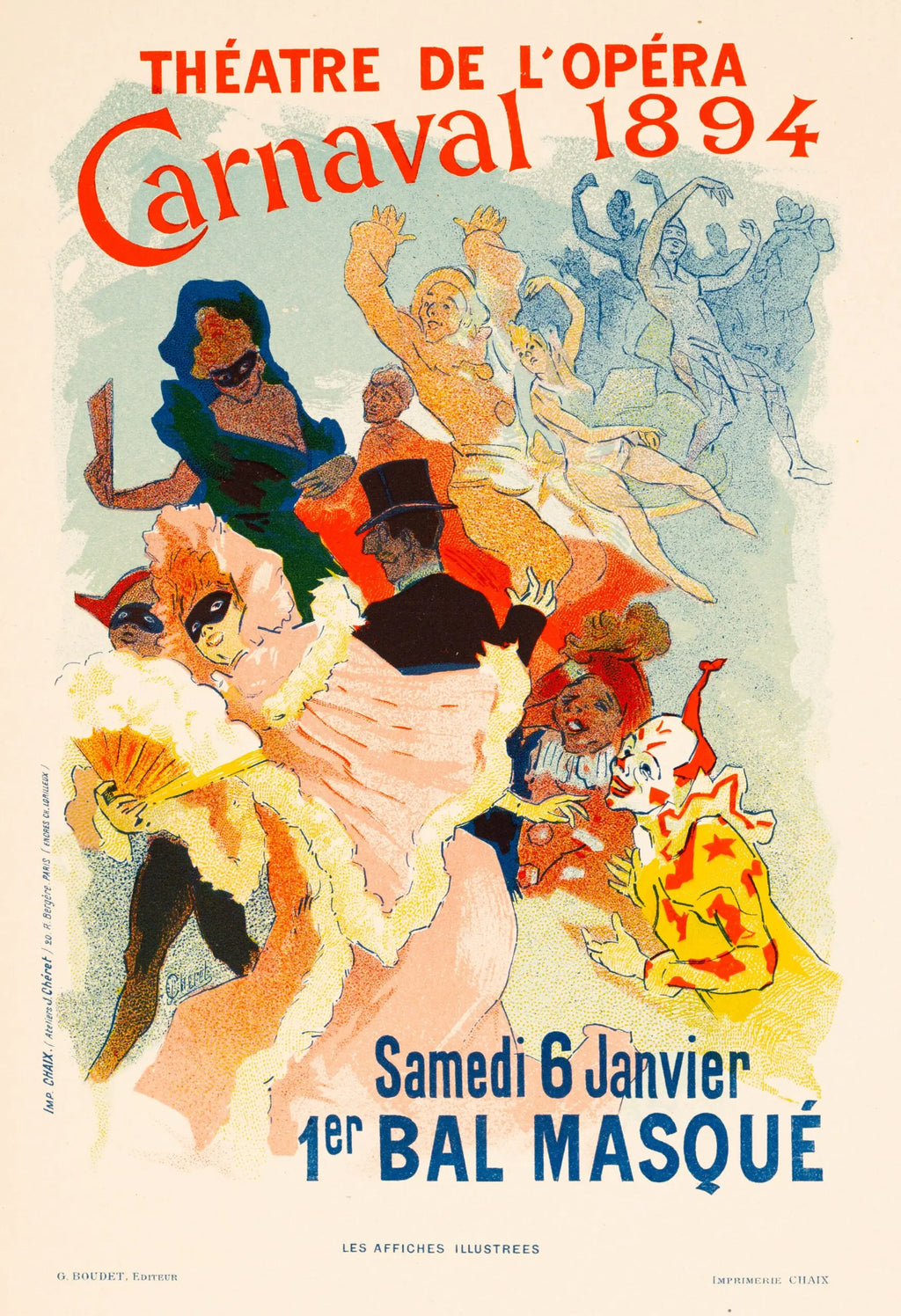 Jules Chéret Carnaval 1894 lithograph depicting lively theater scene at the Opéra with vibrant costumes and festive atmosphere.