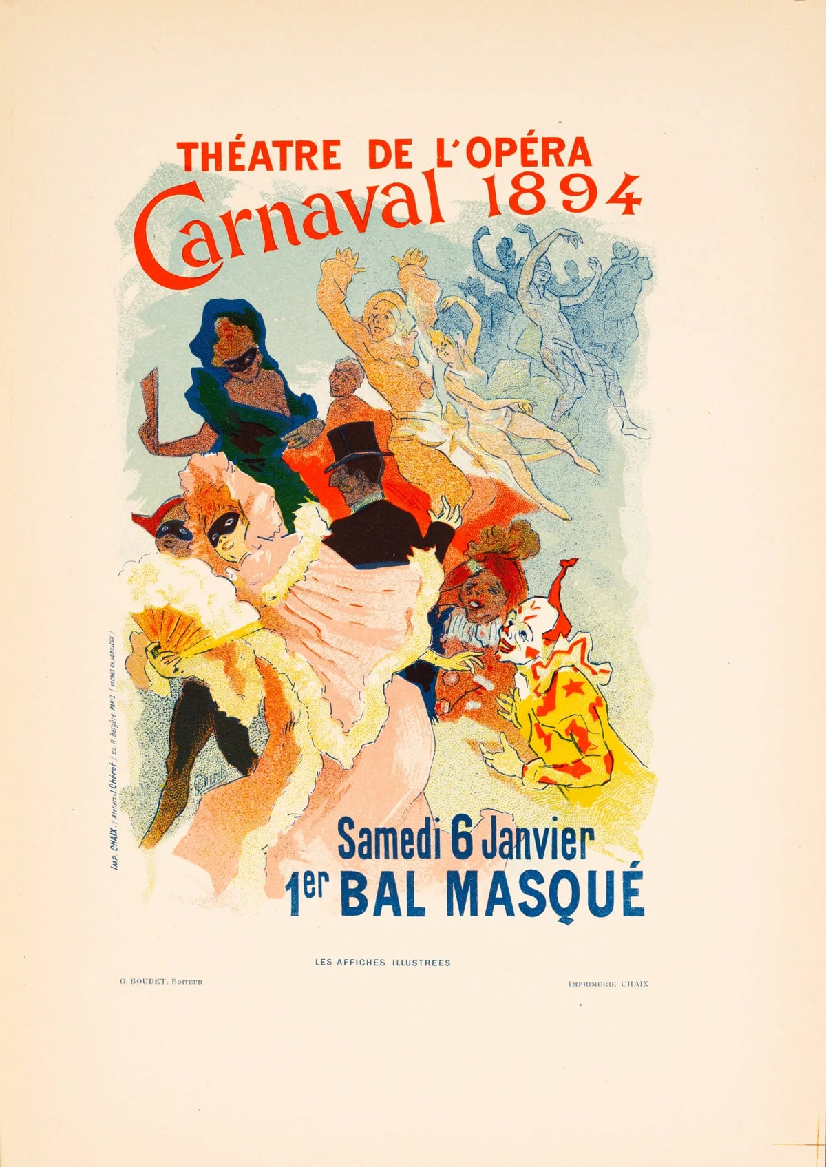 Jules Chéret Carnaval 1894 Théâtre de l’Opéra stone lithograph, vibrant vintage poster with lively carnival scene and ornate design.