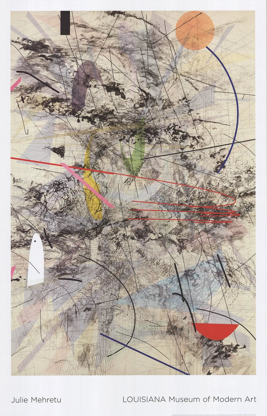 Julie Mehretu Easy Dark 2017 abstract offset lithograph exhibition poster featuring dynamic dark-toned geometric shapes and layered textures.