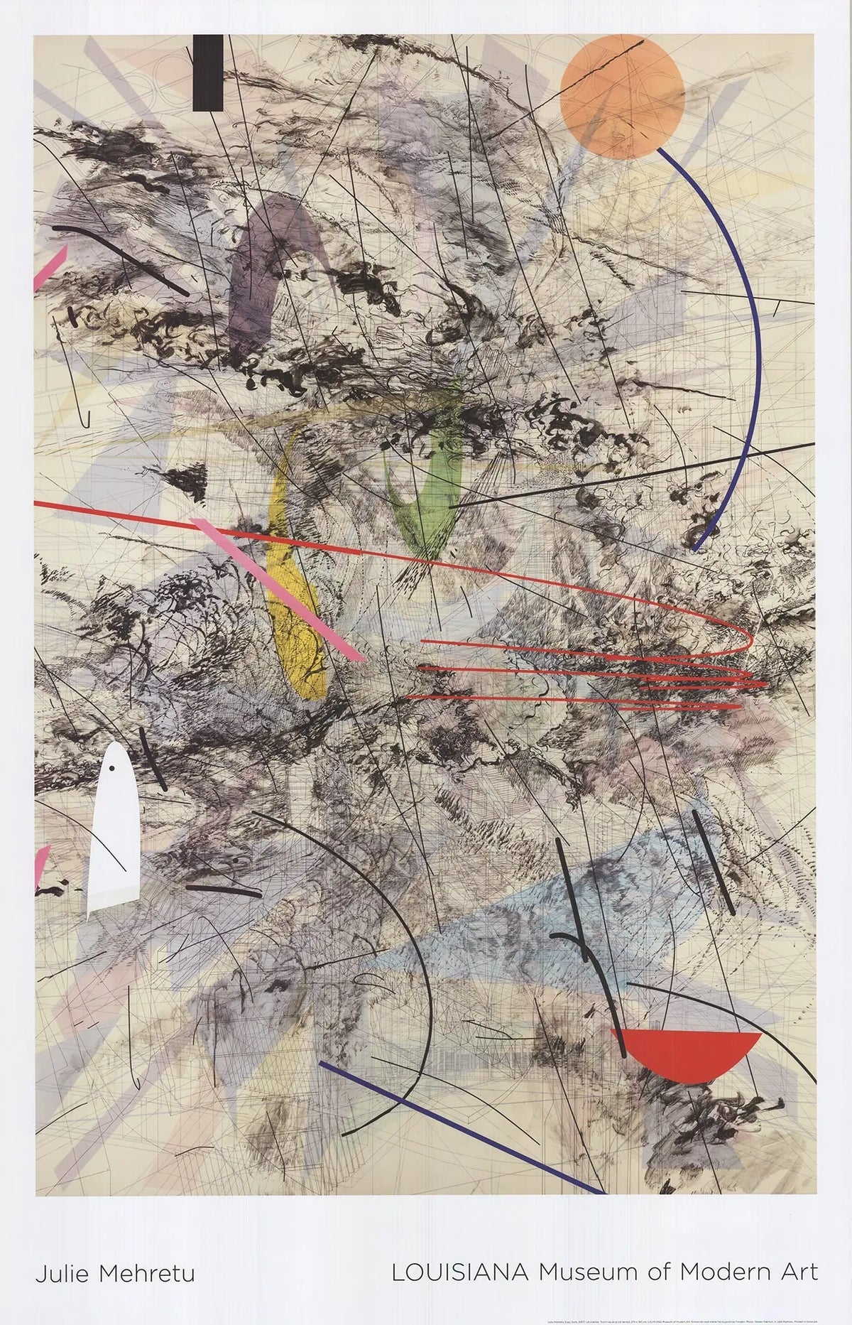 Julie Mehretu Easy Dark 2017 abstract offset lithograph exhibition poster featuring dynamic dark-toned geometric shapes and layered textures.