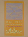 Julien LaCroix signed 1973 serigraph exhibition poster featuring abstract artwork and bold colors, displayed on a wall.