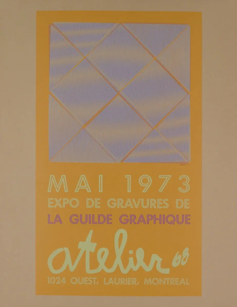 Julien LaCroix signed 1973 serigraph exhibition poster featuring abstract artwork and bold colors, displayed on a wall.