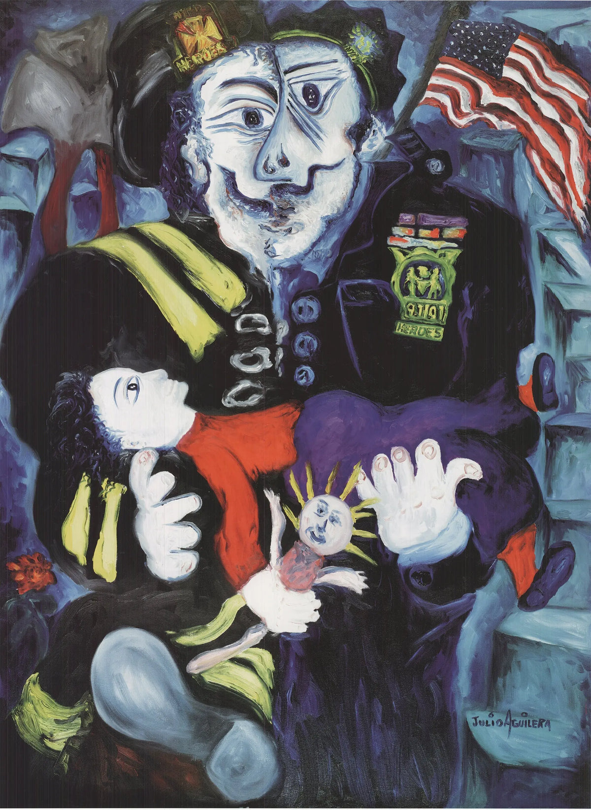 Original Julio Aguilera Heroes 2002 offset lithograph art poster featuring vibrant superhero illustrations on paper.
