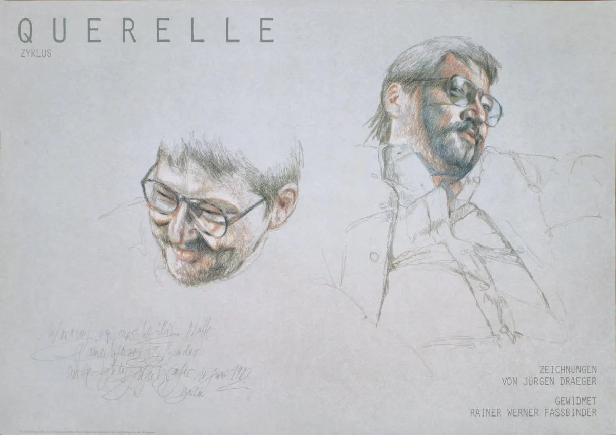 Jurgen Draeger Querelle 1982 offset lithograph film poster for Fassbinder featuring bold graphic design and cinematic imagery.