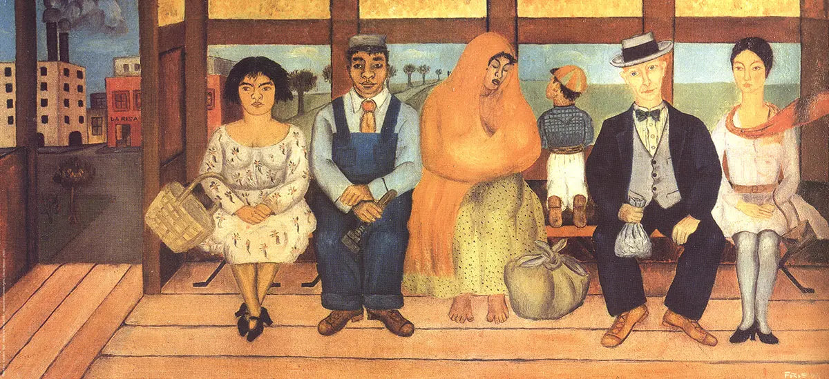 Large landscape offset lithograph poster of Frida Kahlo's L'Autobus 2004 artwork, featuring vibrant colors and detailed portrait.