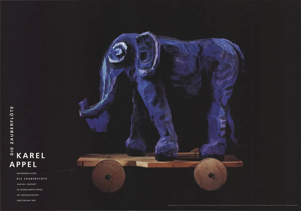 Karel Appel Magic Flute Elephant 1995 offset lithograph art poster featuring colorful abstract elephant design.