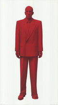 Large offset lithograph art poster of the Red Man by Katharina Fritsch, 2002, showcasing bold red abstract figure.