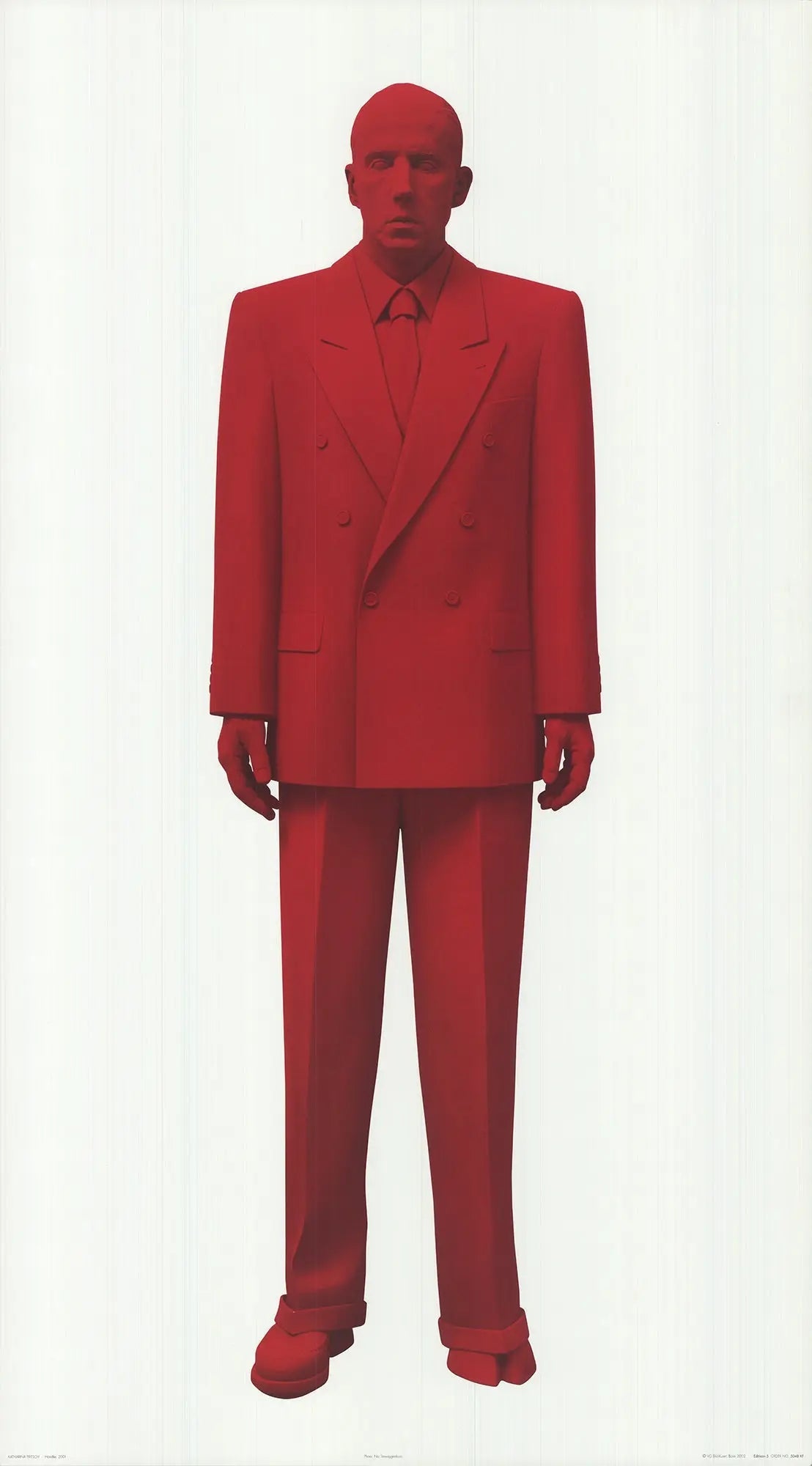 Large offset lithograph art poster of the Red Man by Katharina Fritsch, 2002, showcasing bold red abstract figure.