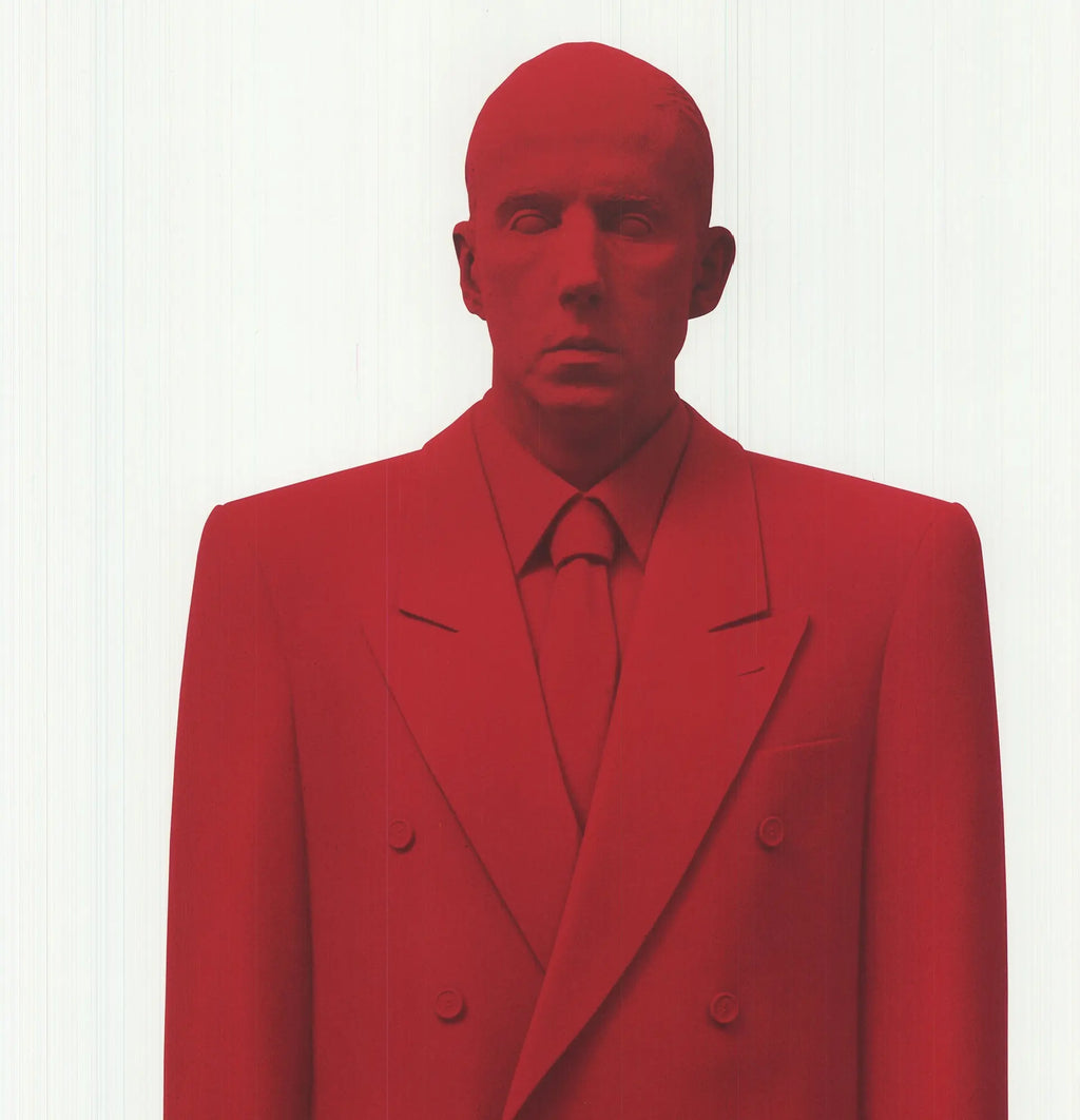 Large offset lithograph art poster of Katharina Fritsch's Red Man 2002, showcasing bold red colors and artistic detail.