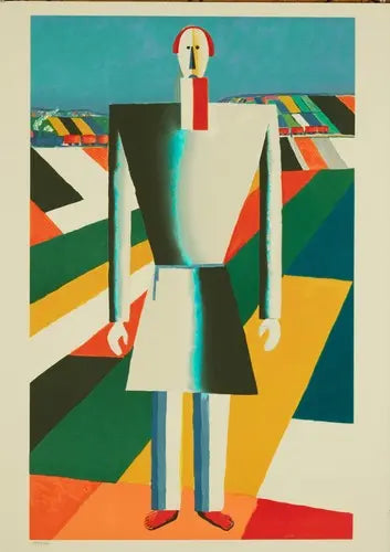 Original Kazimir Malevich Peasant in the Fields poster depicting his abstract landscape artwork with bold shapes and vibrant colors.