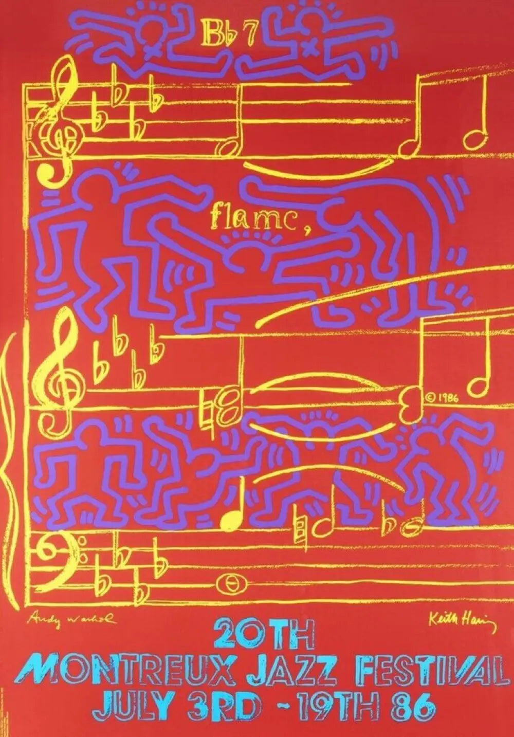 Original vintage Keith Haring and Andy Warhol poster from Montreux Jazz Festival 1986, featuring bold screenprint artwork.