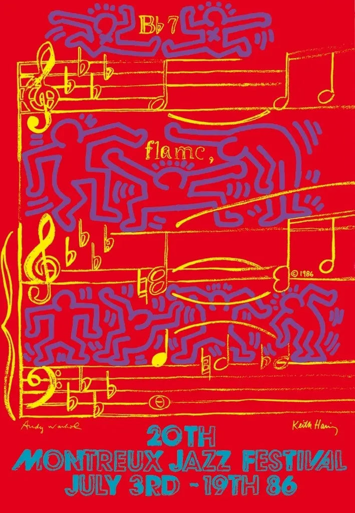Original vintage Keith Haring and Andy Warhol Montreux Jazz Festival 1986 screenprint poster showcasing iconic art and vibrant design.