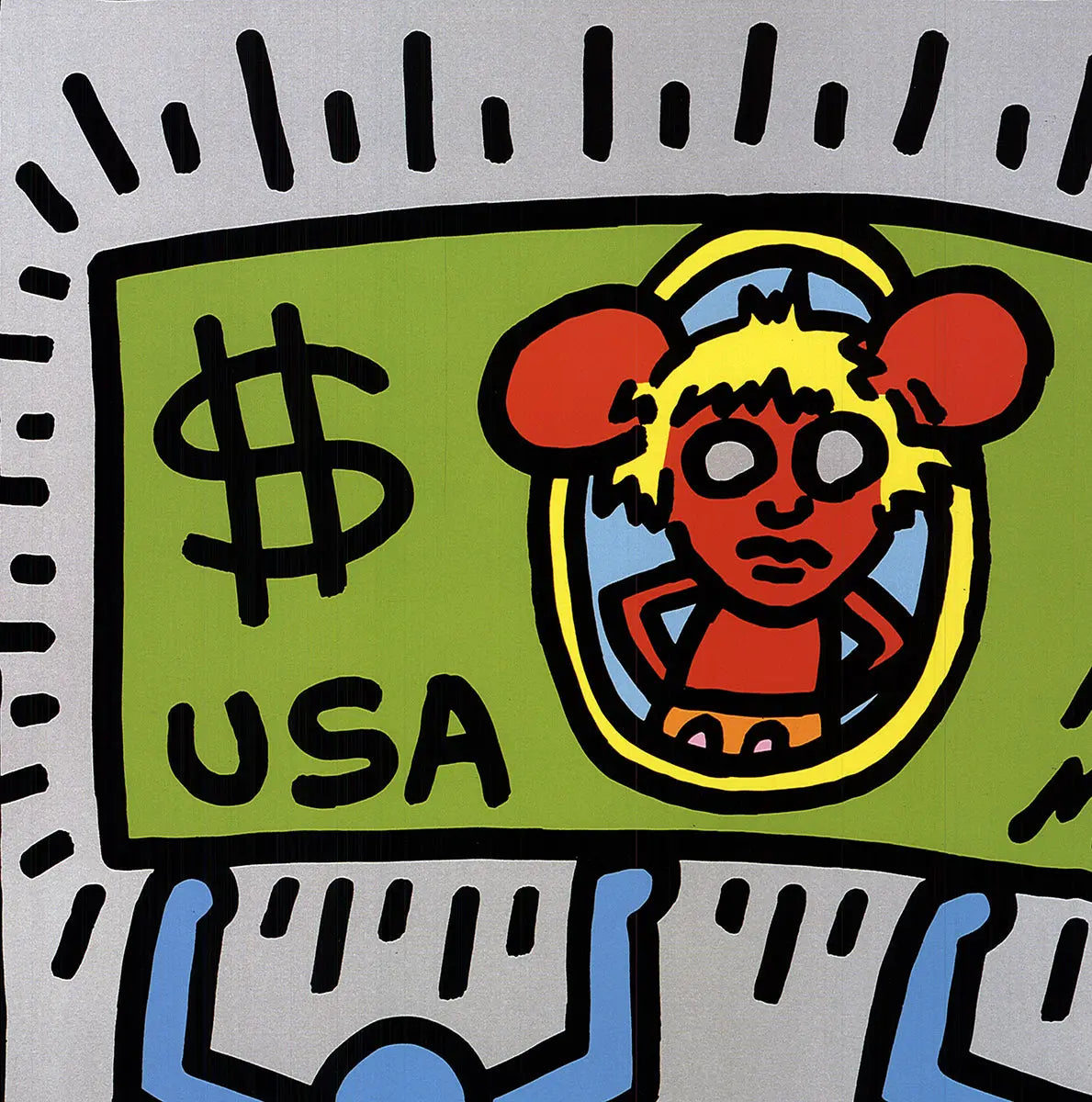 Original Keith Haring Andy Mouse 1990 offset lithograph pop art print featuring vibrant, iconic Keith Haring artwork.