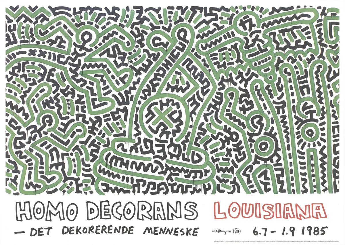 Original Keith Haring Homo Decorans Louisiana Museum Giclee art print featuring vibrant, iconic figures from the exhibition.