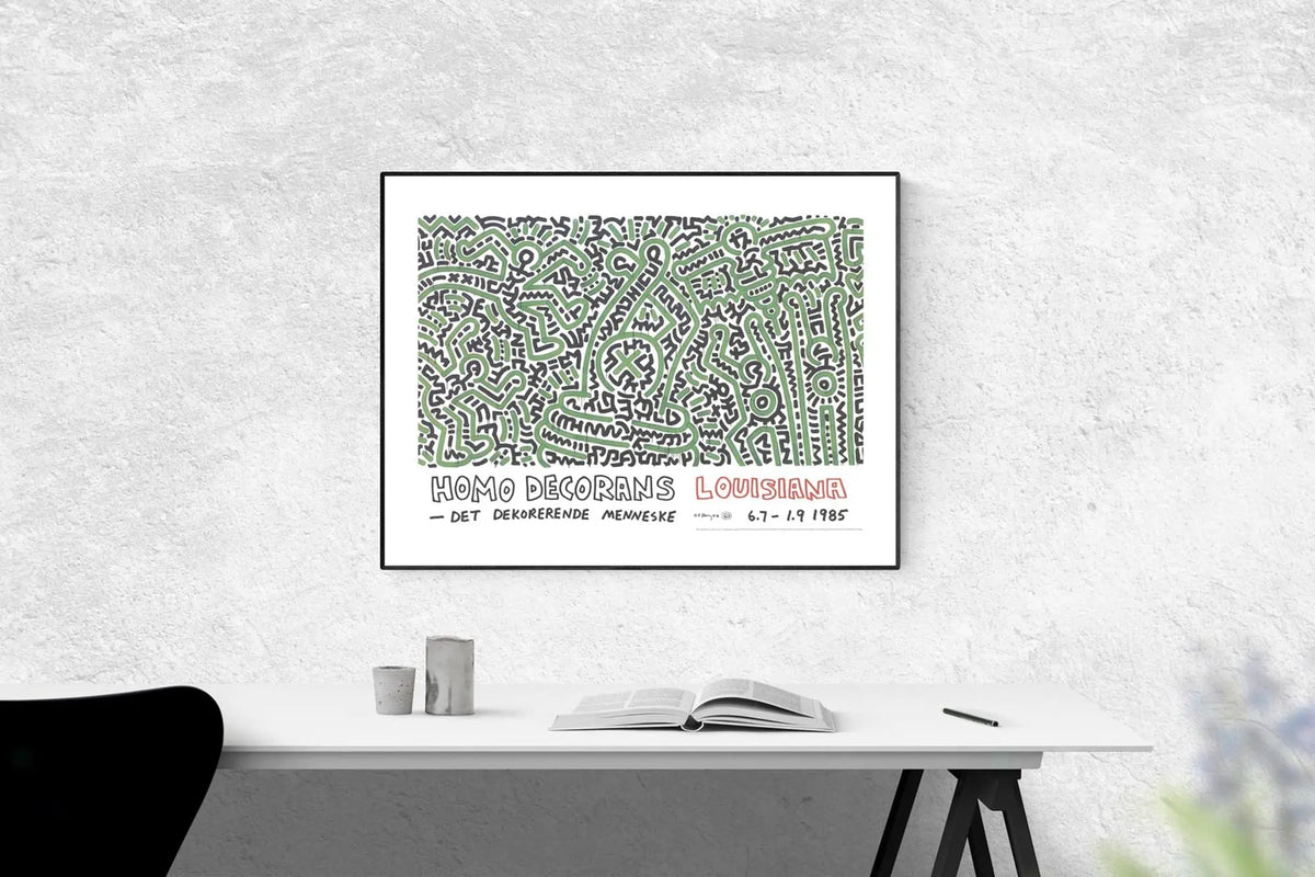 Original Keith Haring Homo Decorans giclee art print from Louisiana Museum exhibition, featuring bold, colorful Haring artwork.