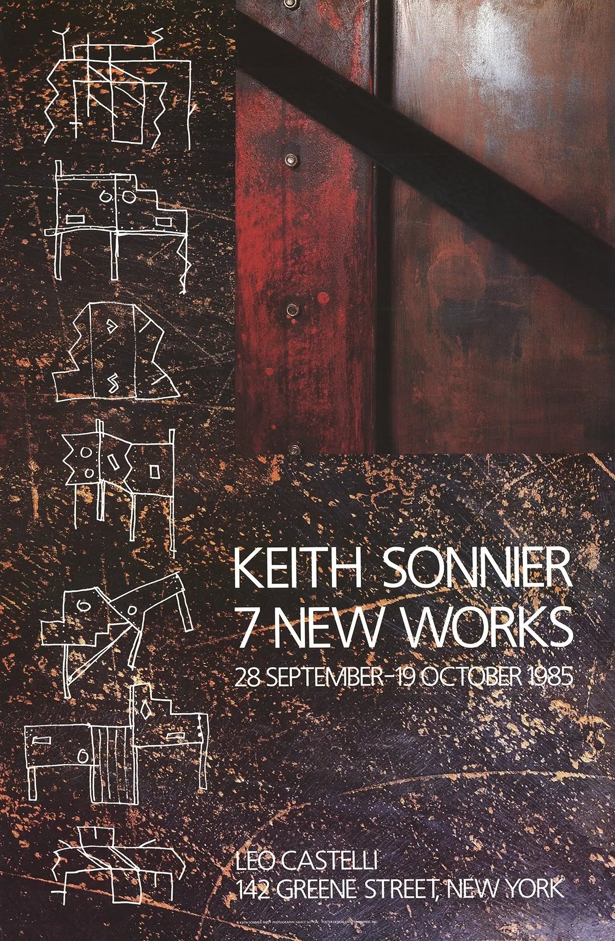 Keith Sonnier 1985 Leo Castelli exhibition poster featuring offset lithograph artwork, showcasing vibrant abstract imagery.