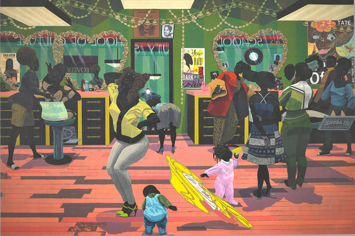 Kerry James Marshall School of Beauty and Culture exhibition poster featuring vibrant artwork and bold text design.