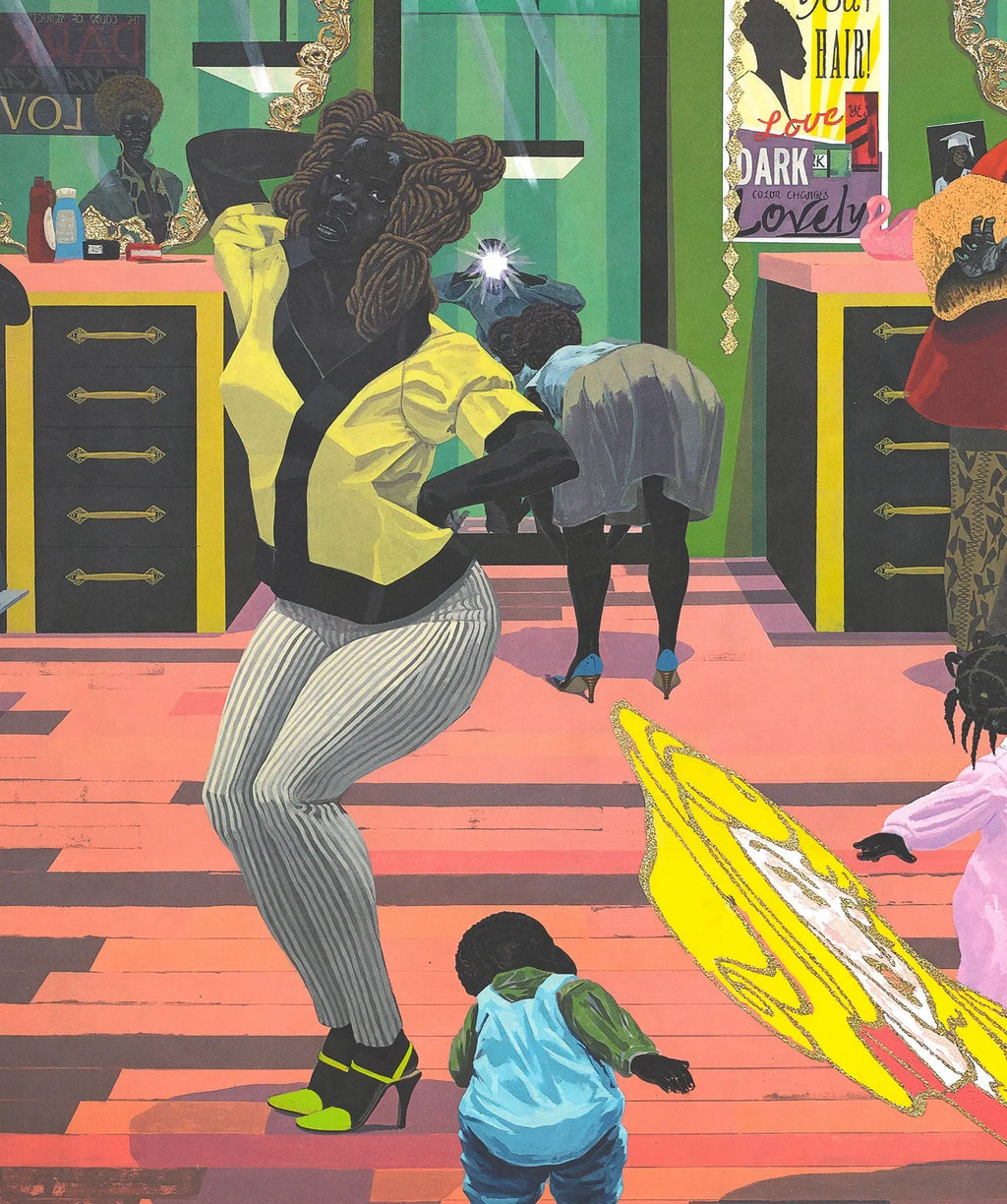 Kerry James Marshall School of Beauty and Culture exhibition poster featuring vibrant artwork and bold text.