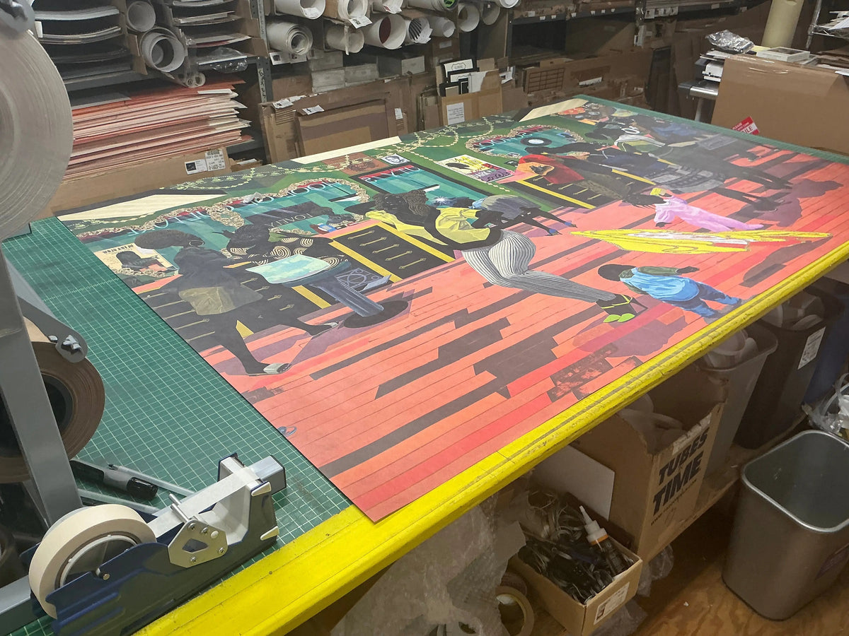 Kerry James Marshall School of Beauty and Culture exhibition poster featuring vibrant artwork and bold text on a white background.