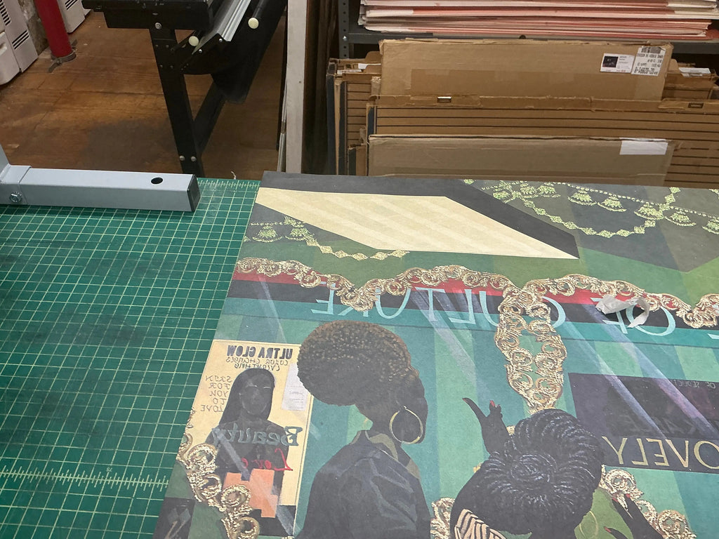 Kerry James Marshall School of Beauty and Culture exhibition poster featuring bold artwork and vibrant colors displayed on paper.