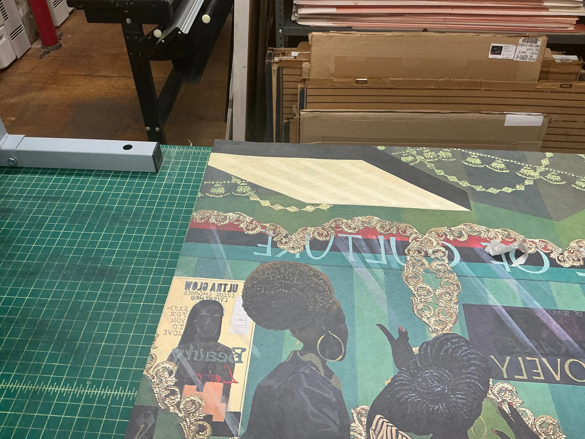 Kerry James Marshall School of Beauty and Culture exhibition poster featuring bold artwork and vibrant colors displayed on paper.