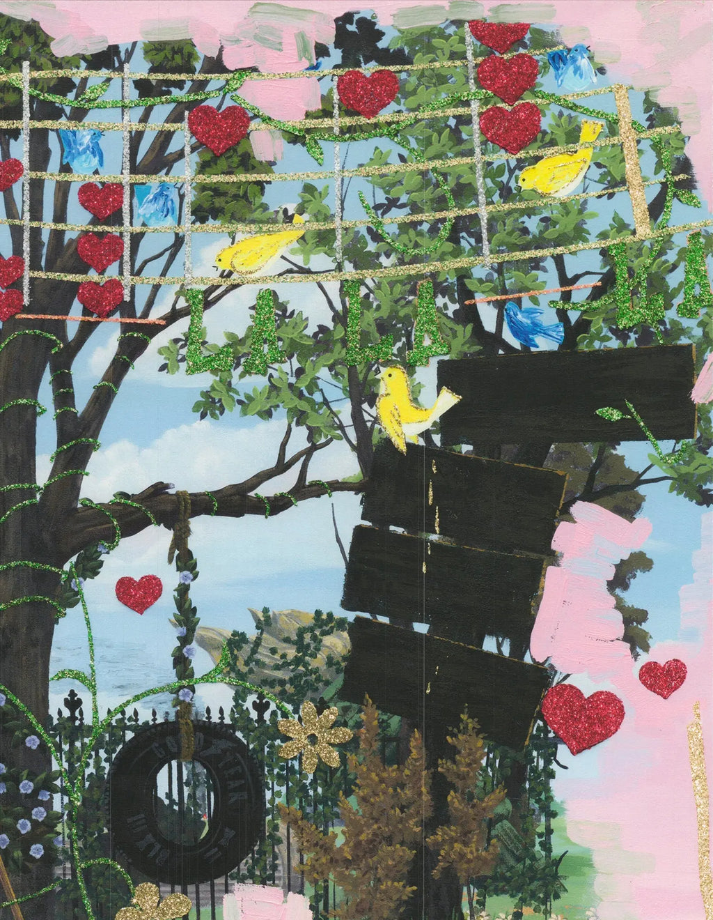 Kerry James Marshall Vignette #14 La La La art print featuring vibrant colors and abstract figures on paper.