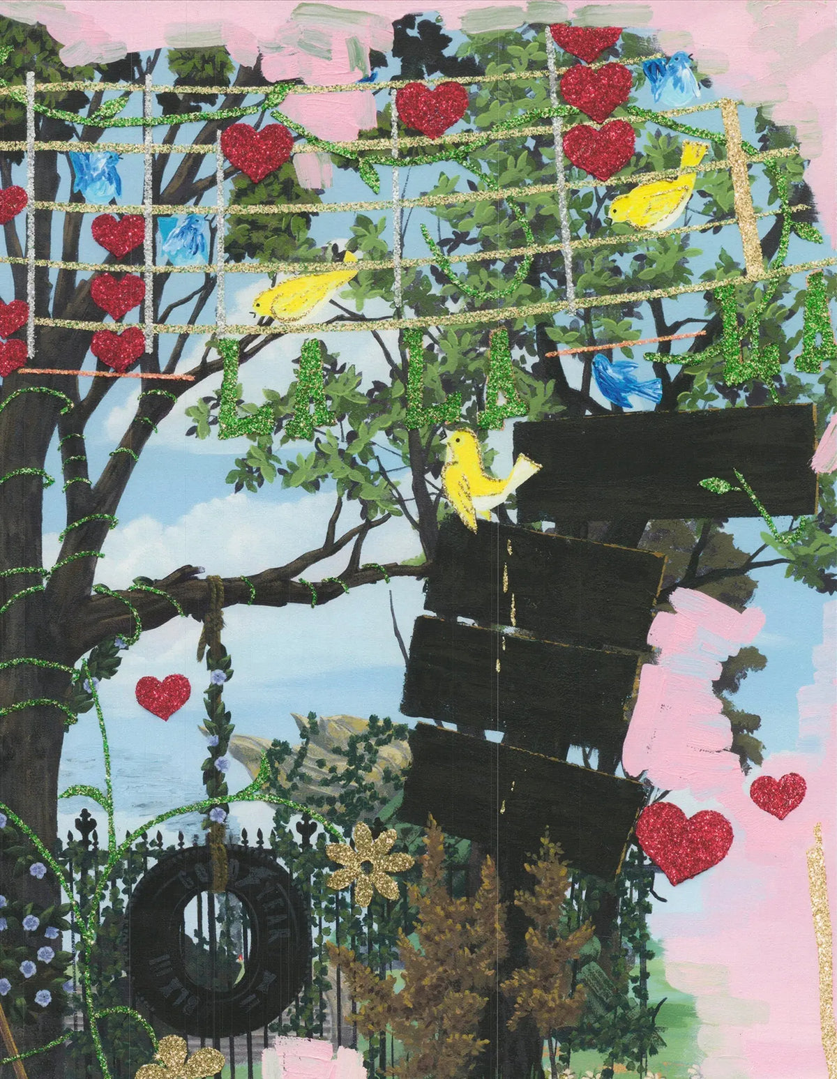 Kerry James Marshall Vignette #14 La La La art print featuring vibrant colors and abstract figures on paper.