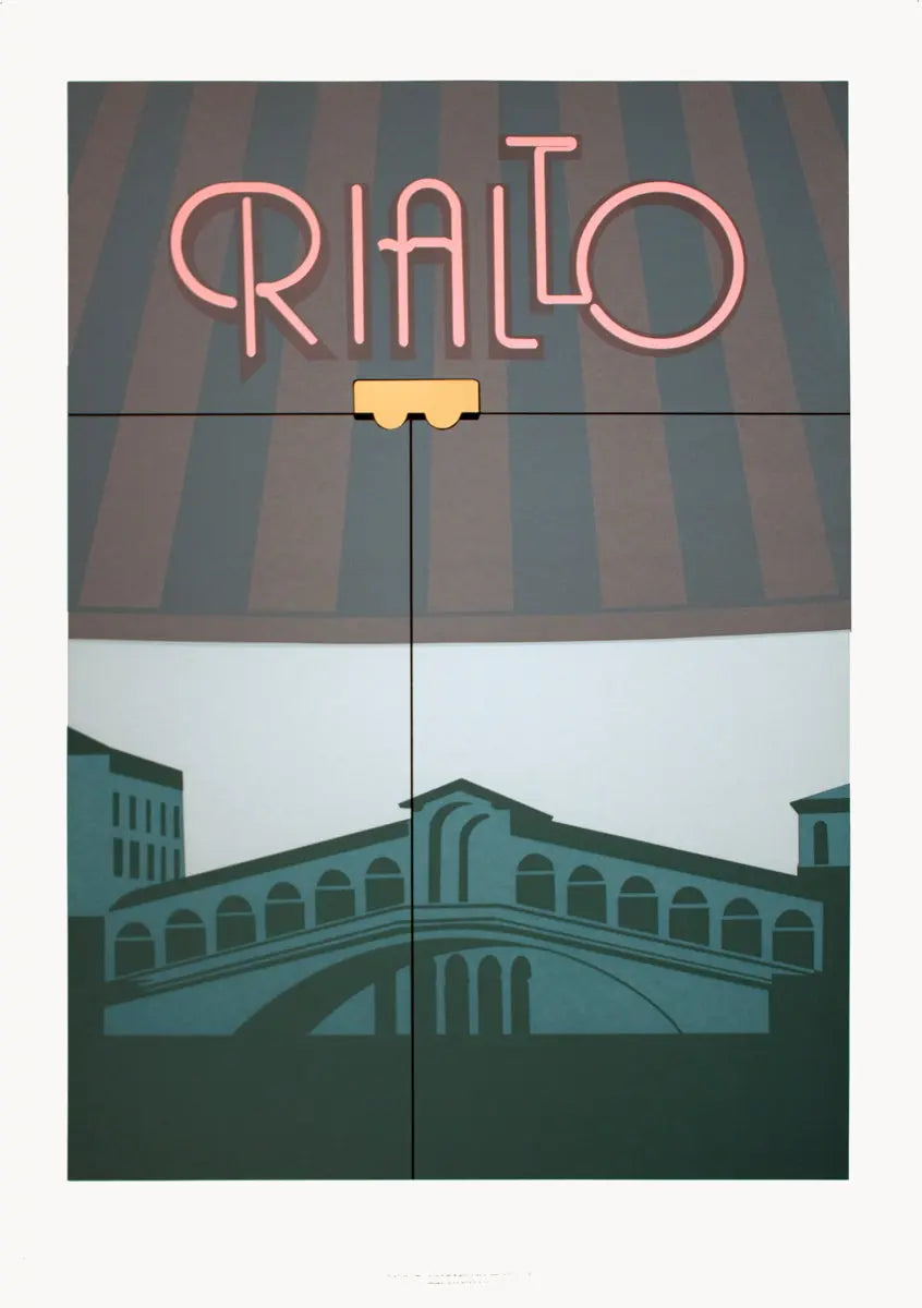 Vintage European landmark serigraph art poster by Perry King Rialto 1984, published by King Graphics, featuring vibrant cityscape details.