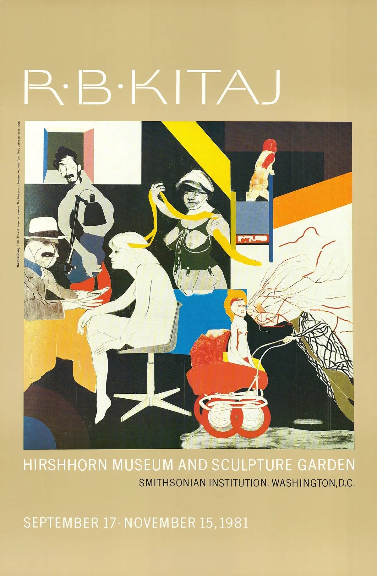 Original offset lithograph exhibition poster by R.B. Kitaj titled The Ohio Gang, from 1981, featuring bold artwork and vibrant colors.