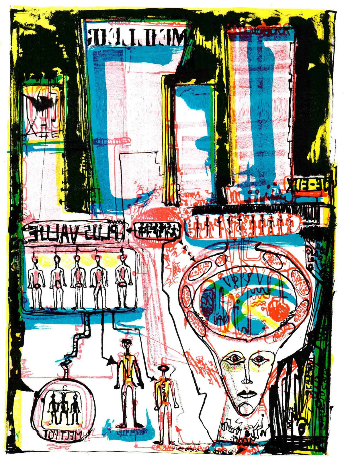 Klaus Geissler Plus Value 1967 original Situationist lithograph print showing abstract shapes and bold colors on paper.