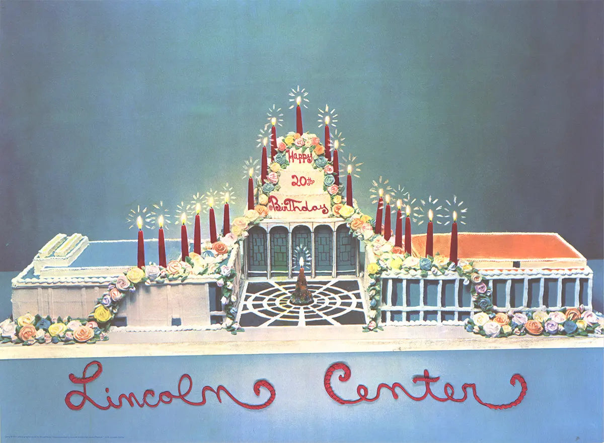 Larry Rivers 20th Anniversary Lincoln Center offset lithograph poster from 1979, featuring vibrant artwork and bold typography.