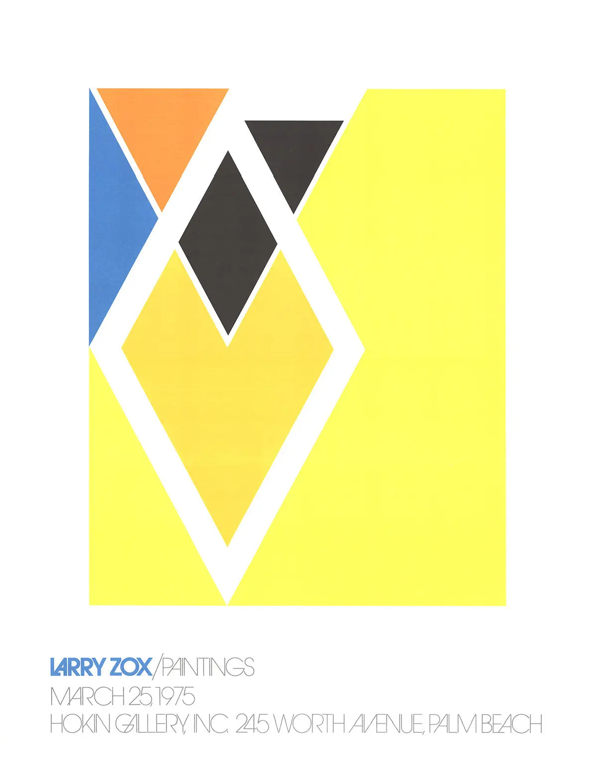 Larry Zox Palm Beach 1975 abstract expressionist offset lithograph poster featuring vibrant, bold colors and dynamic artistic design.