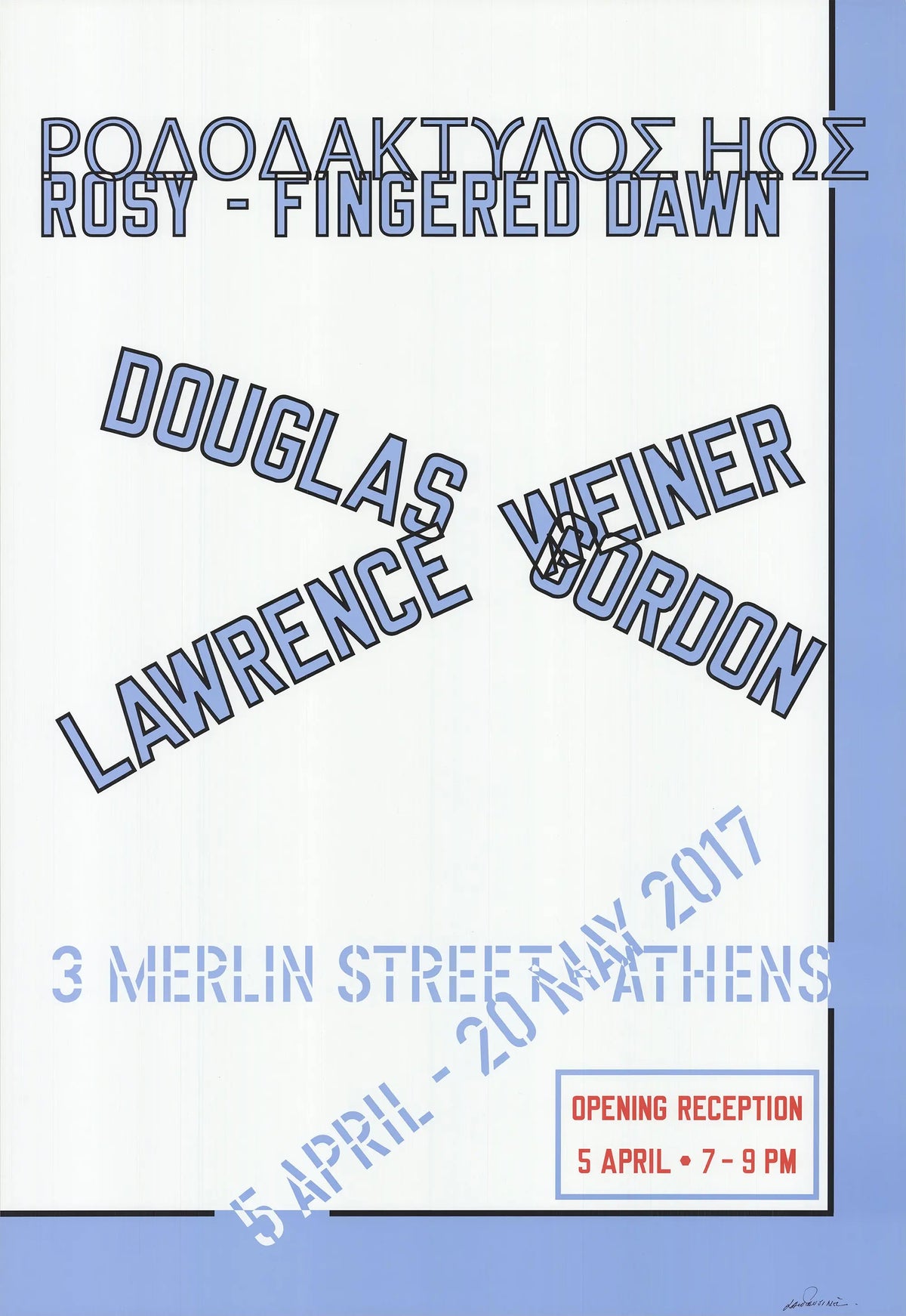 Signed Lawrence Weiner art poster titled "Rosy-Fingered Dawn" from Gagosian Athens exhibition, featuring abstract text and vibrant colors.