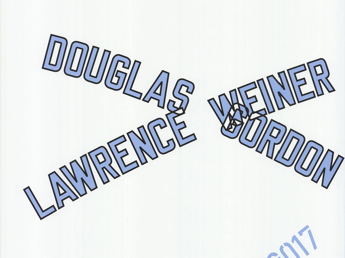 Signed Lawrence Weiner art poster featuring "Rosy-Fingered Dawn" from the Gagosian Athens exhibition, showcasing abstract text art.
