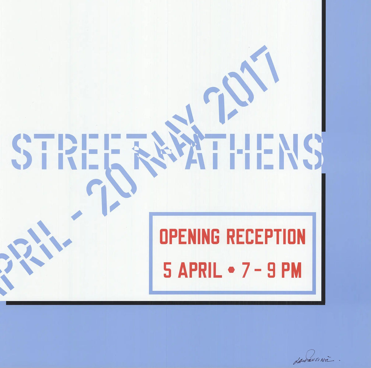 Signed Lawrence Weiner art poster titled "Rosy-Fingered Dawn" from Gagosian Athens exhibition, featuring abstract text design.