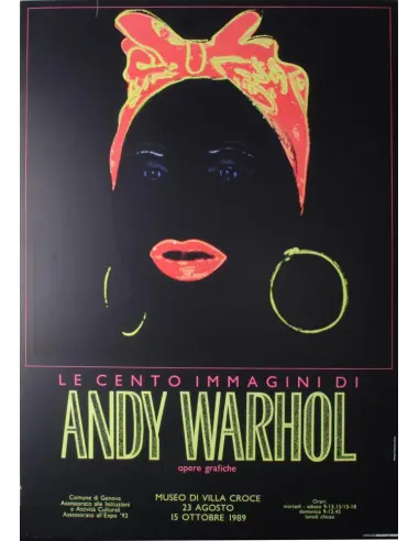 Original linen exhibition poster by Andy Warhol with vibrant imagery from Le Cento Immagini, displayed at a 1989 Genoa exhibition.