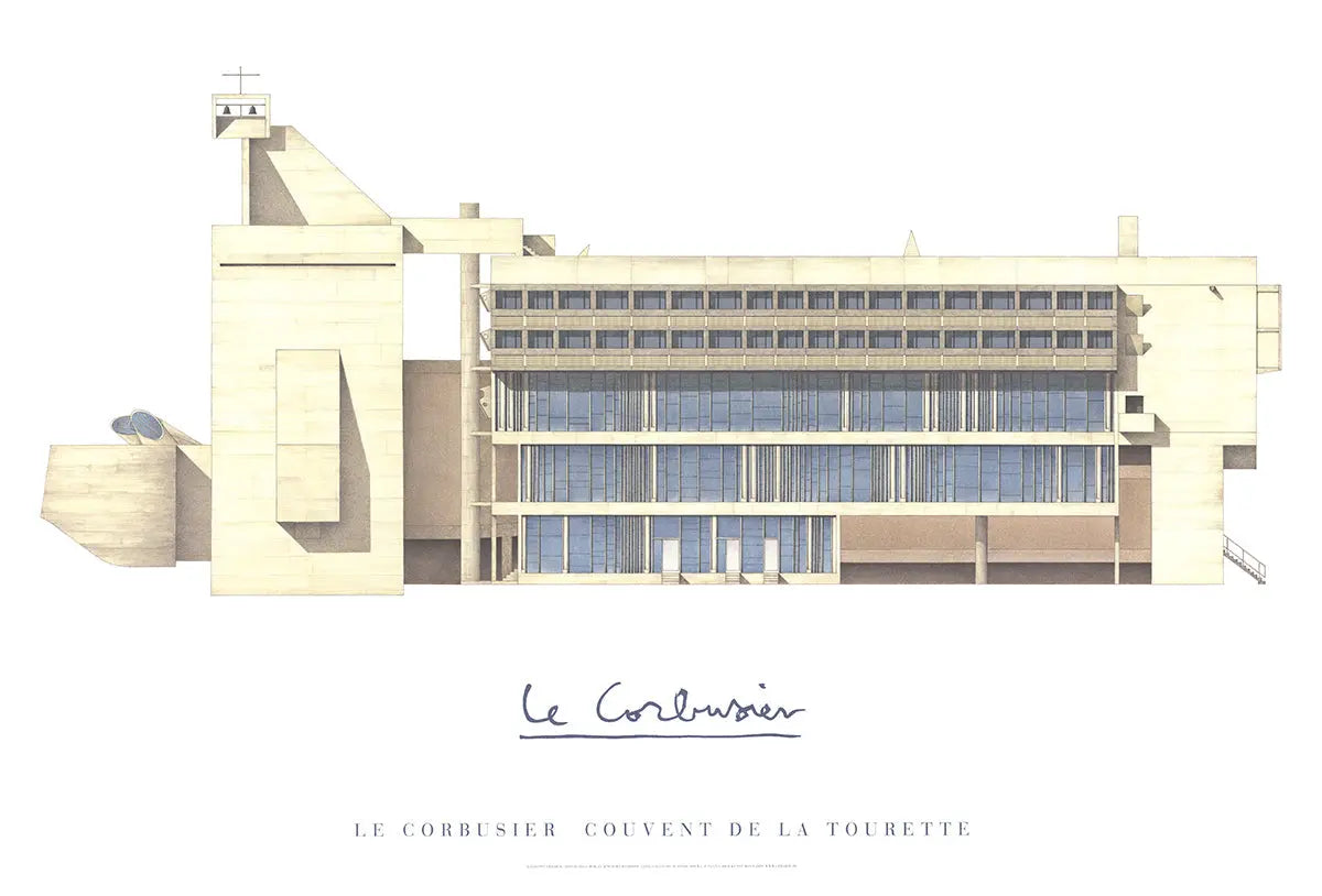 Le Corbusier Couvent de La Tourette offset lithograph architecture poster showing detailed design of the monastery building.