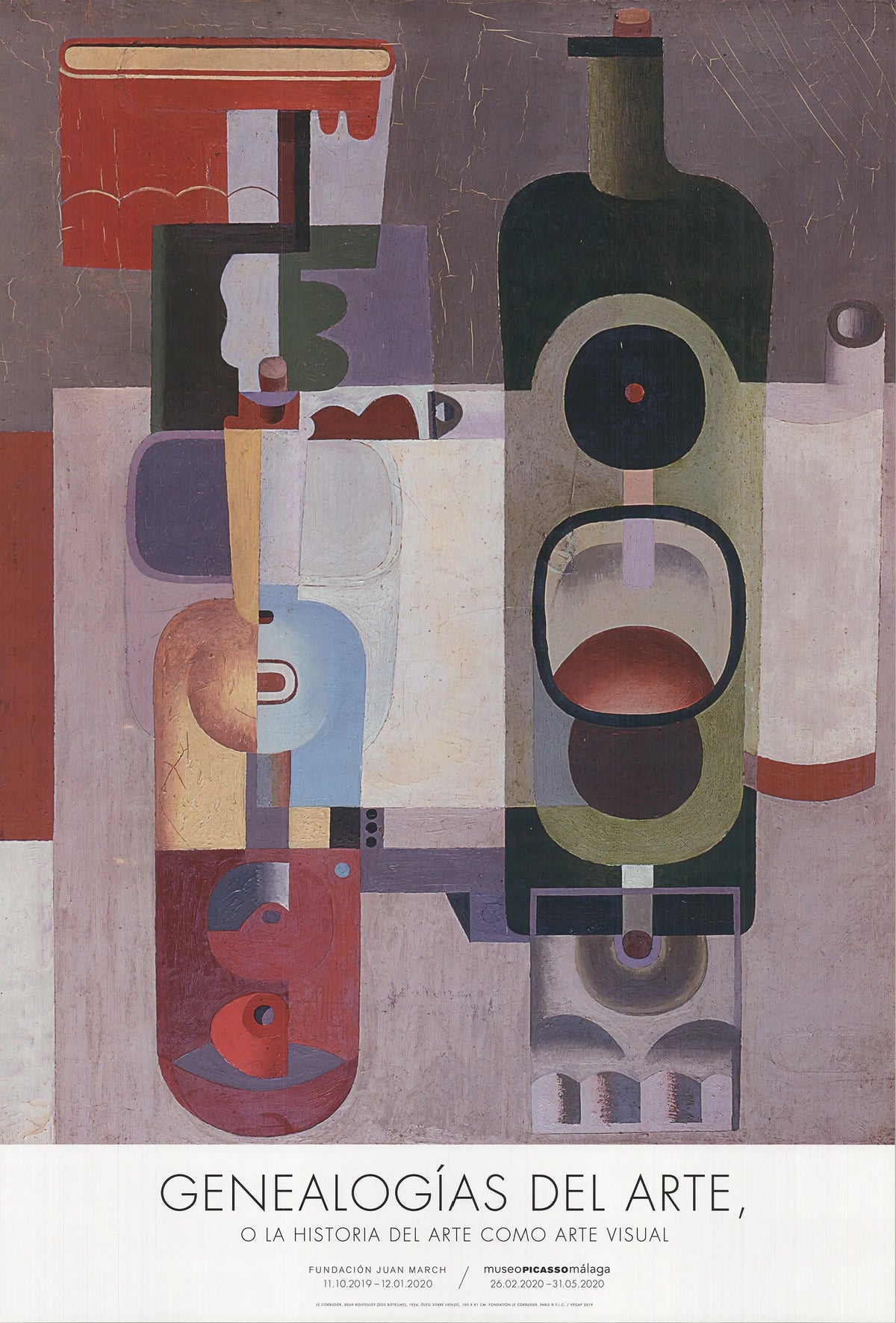 Le Corbusier Deux Bouteilles exhibition offset lithograph art poster featuring abstract bottle design in muted tones.
