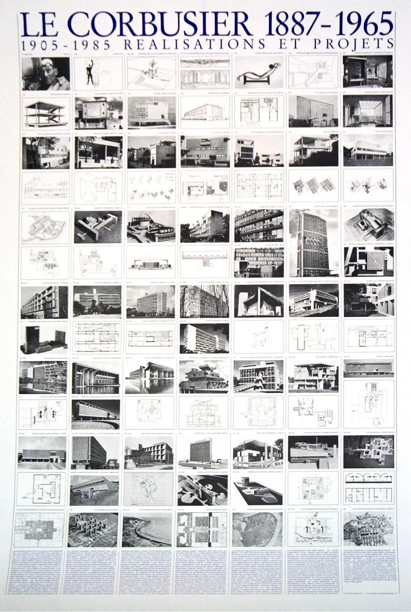 Le Corbusier architectural offset lithograph poster featuring designs and projects from 2017, showcasing modernist architectural artwork.