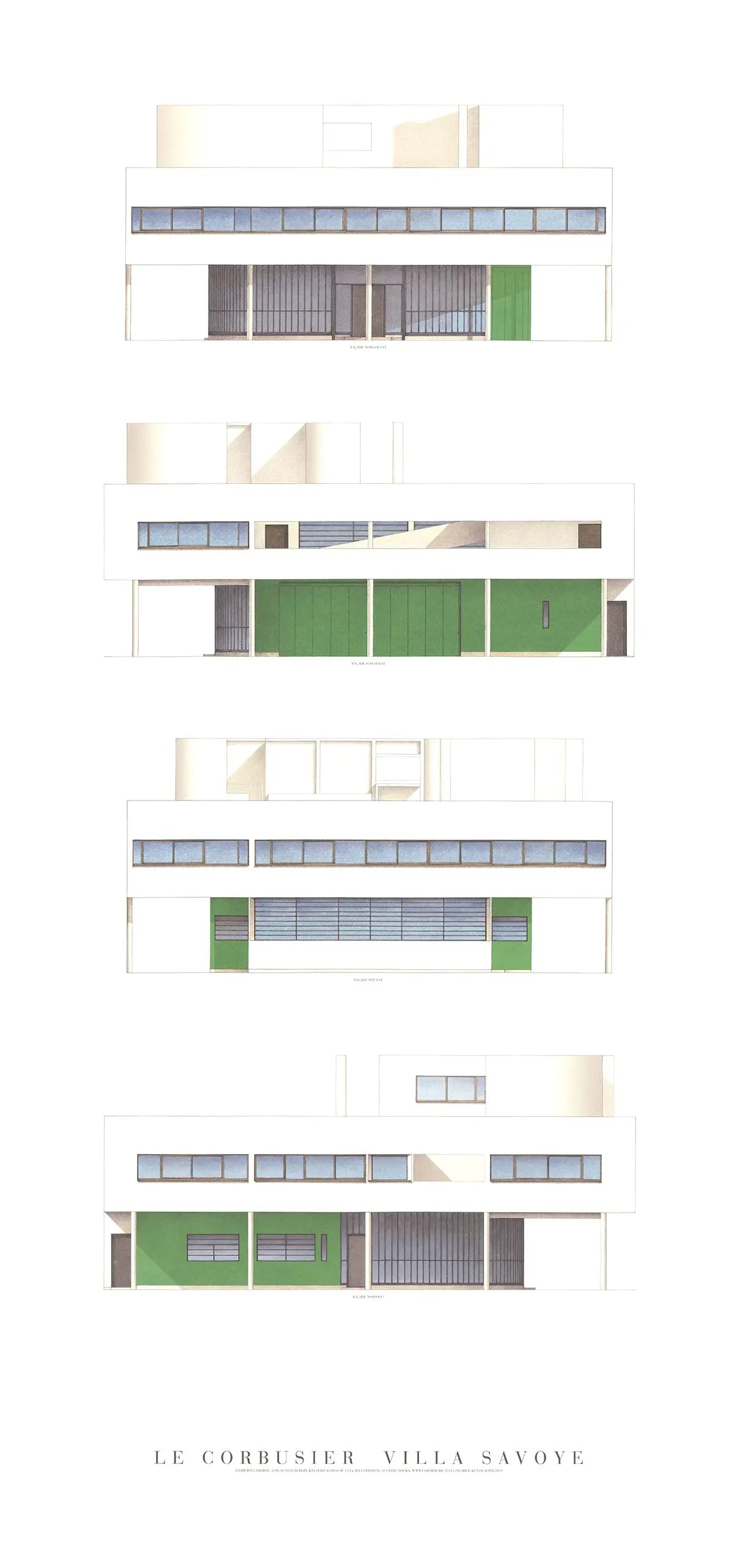 Le Corbusier Villa Savoye four elevations architectural modernist art poster showcasing the modernist building design.