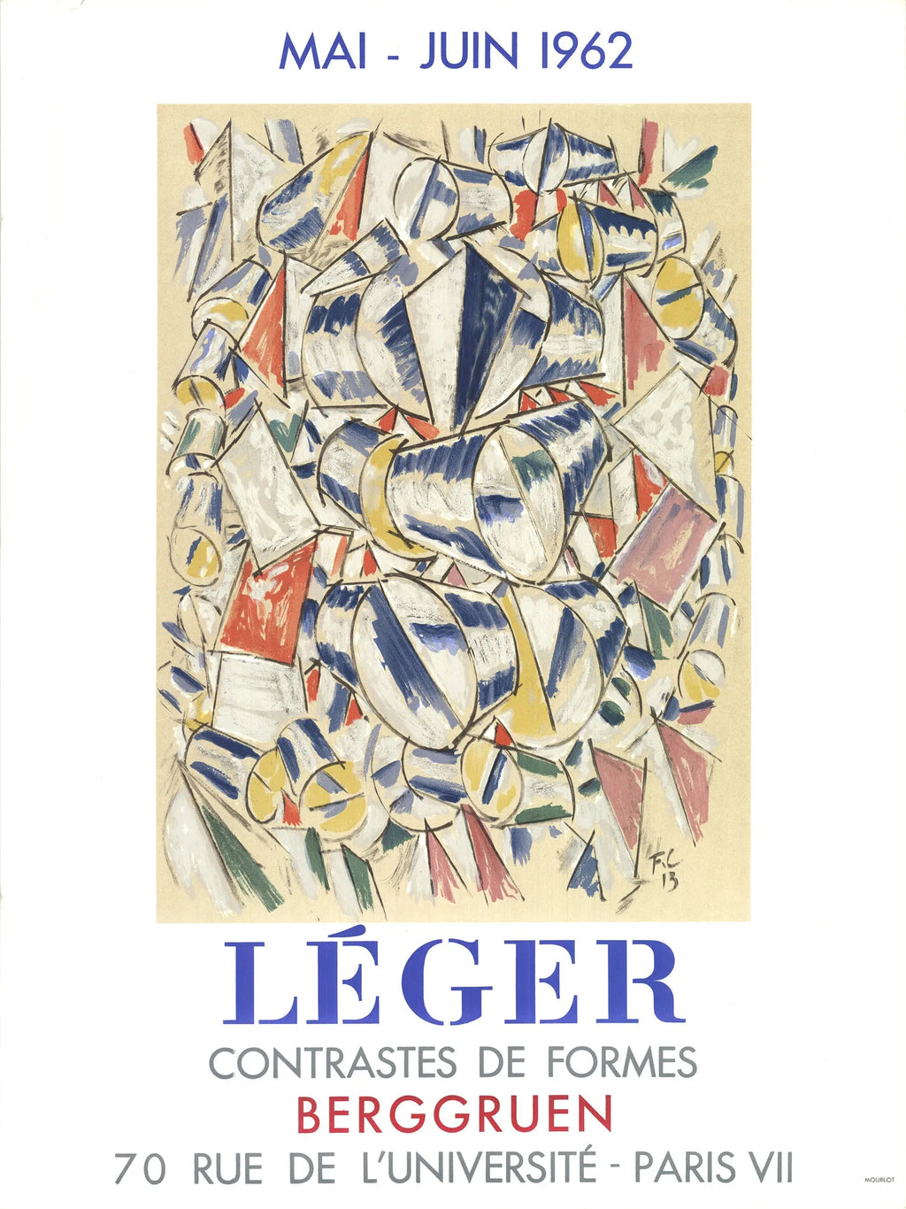 Fernand Leger Contrastes De Formes 1962 Mourlot lithograph exhibition poster featuring abstract geometric shapes and bold colors.