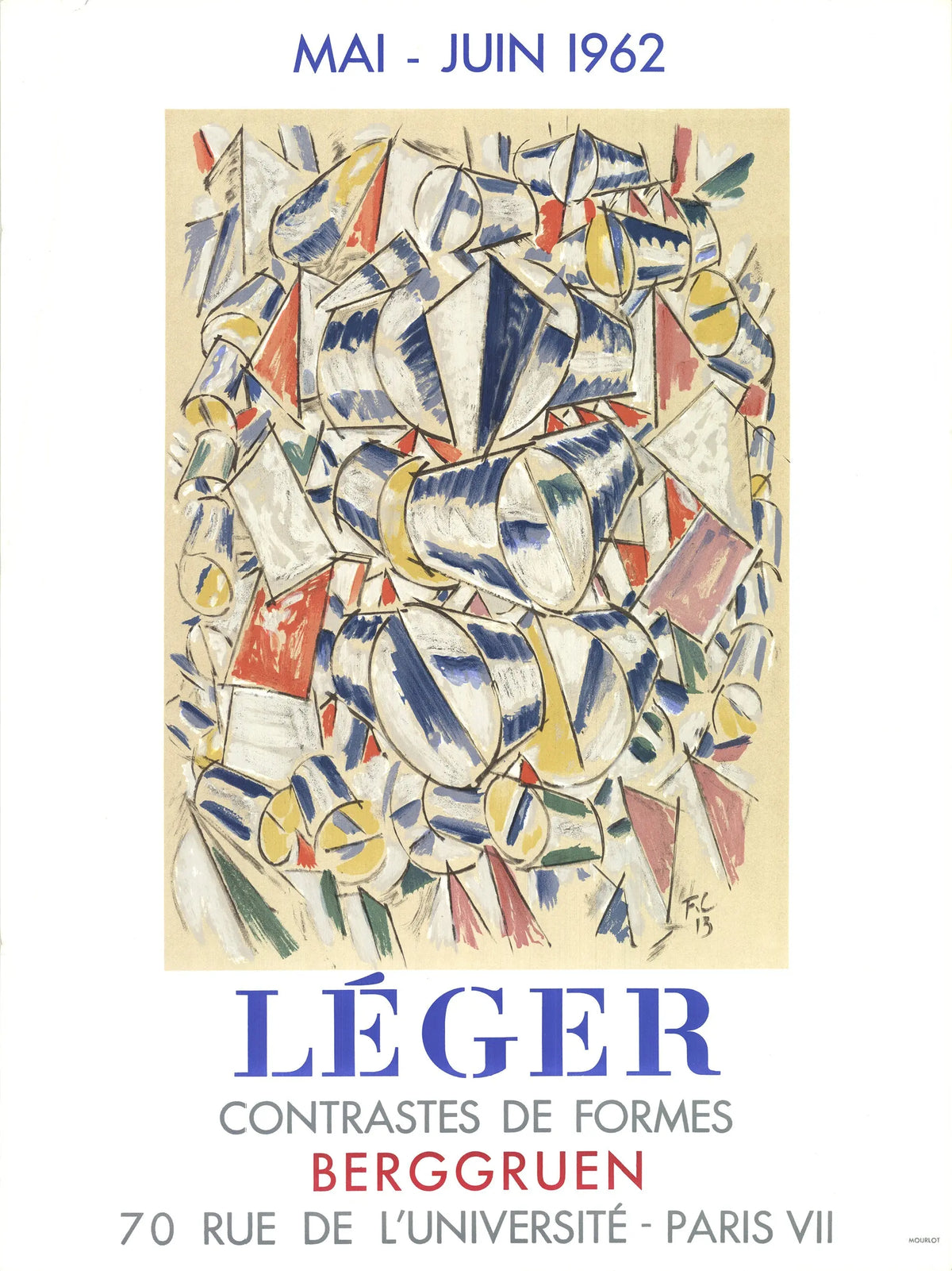 Fernand Leger Contrastes De Formes 1962 Mourlot lithograph exhibition poster featuring abstract geometric shapes and bold colors.