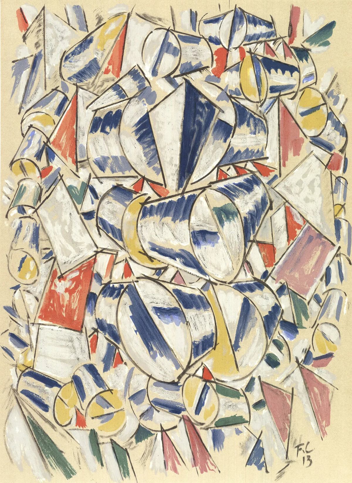 Fernand Leger Contrastes de Formes 1962 Mourlot lithograph exhibition poster featuring abstract geometric shapes and bold colors.