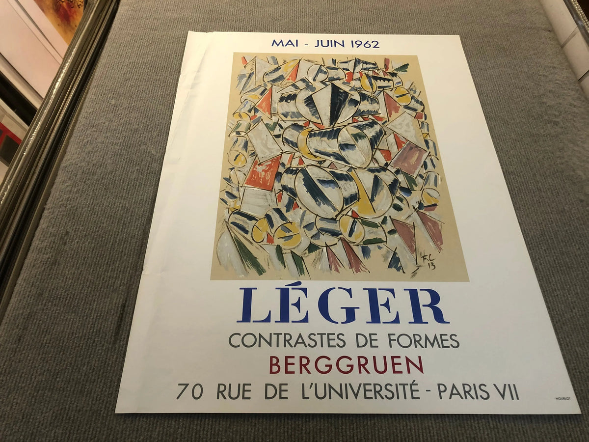 Fernand Leger Contrastes de Formes 1962 lithograph exhibition poster featuring bold abstract shapes and vibrant colors.